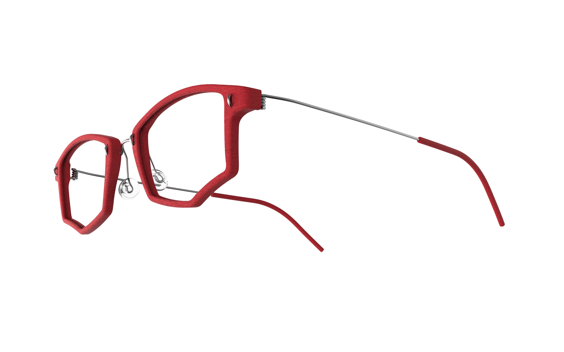 Red hybrid eyewear frame with a 3D-printed front and stainless-steel temples